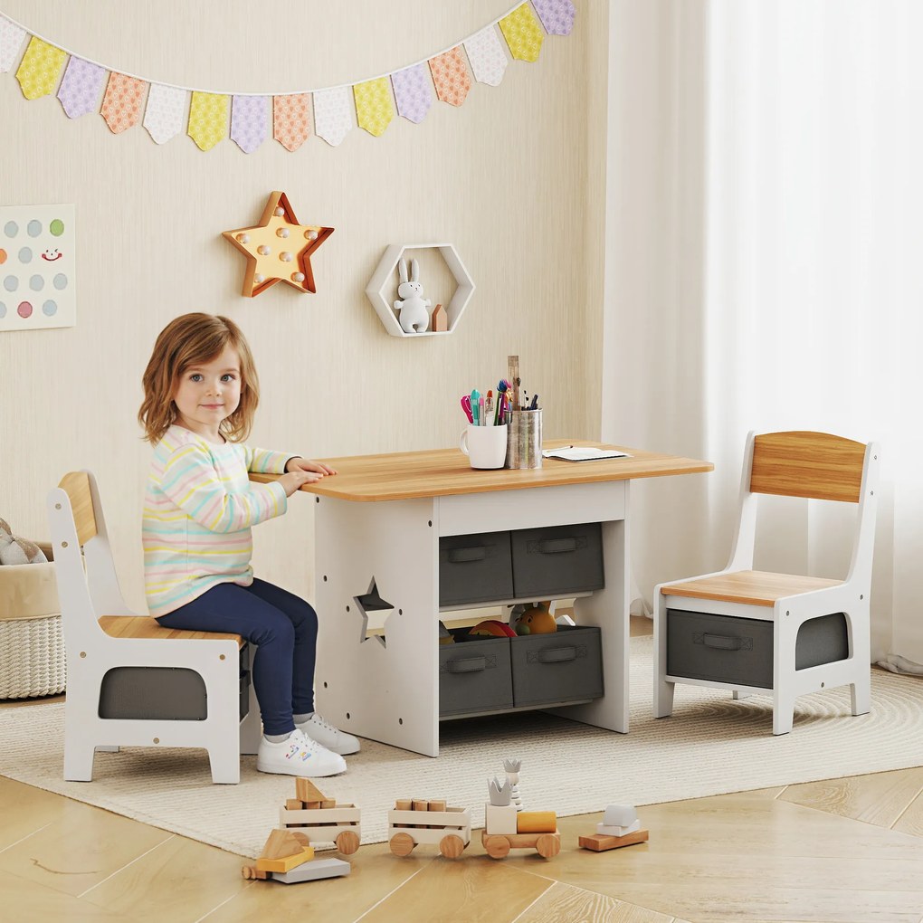Mesa Infantil com 2 Cadeiras Mesa e Cadeiras para Crianças com 6 Gavetas de Tecido Desenho Estrelas Madeira e Branco