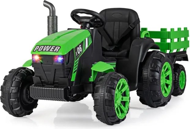 Trator elétrico para crianças 24V com faróis LED RGB Música Porta USB Reboque removível e controle remoto Verde