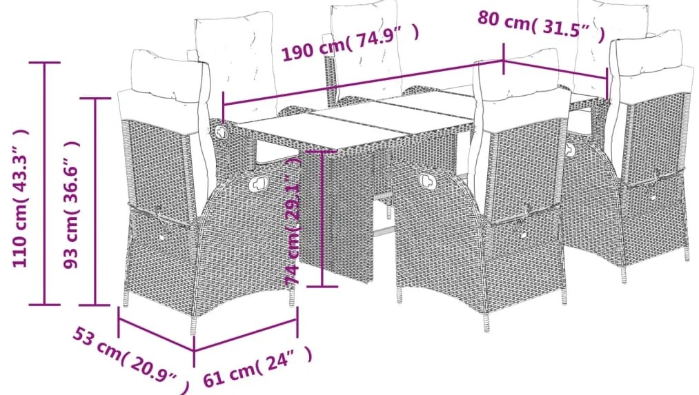 7 pcs conjunto de jantar p/ jardim c/ almofadões vime PE preto