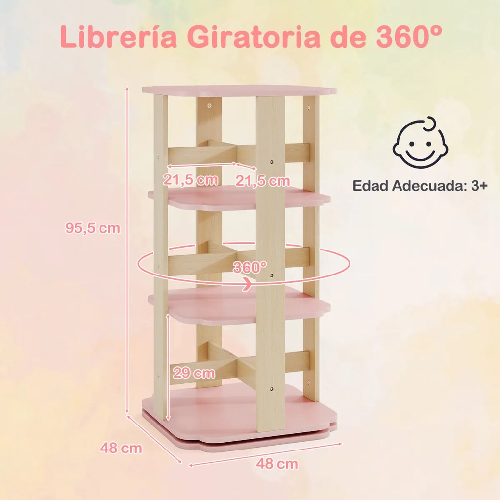 Estante giratória para crianças com 360° de rotação, 3 níveis e 12 compartimentos 48 x 48 x 95,5 cm Rosa