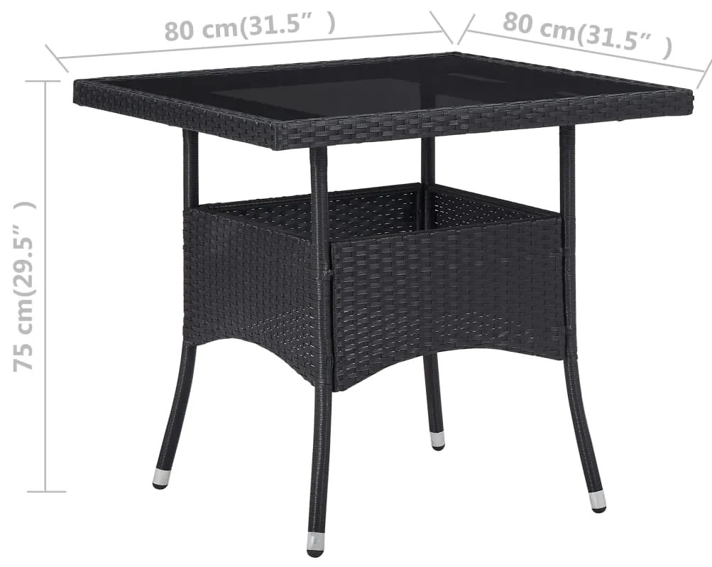 3 pcs conjunto jantar p/ jardim vime PE e vidro temperado preto