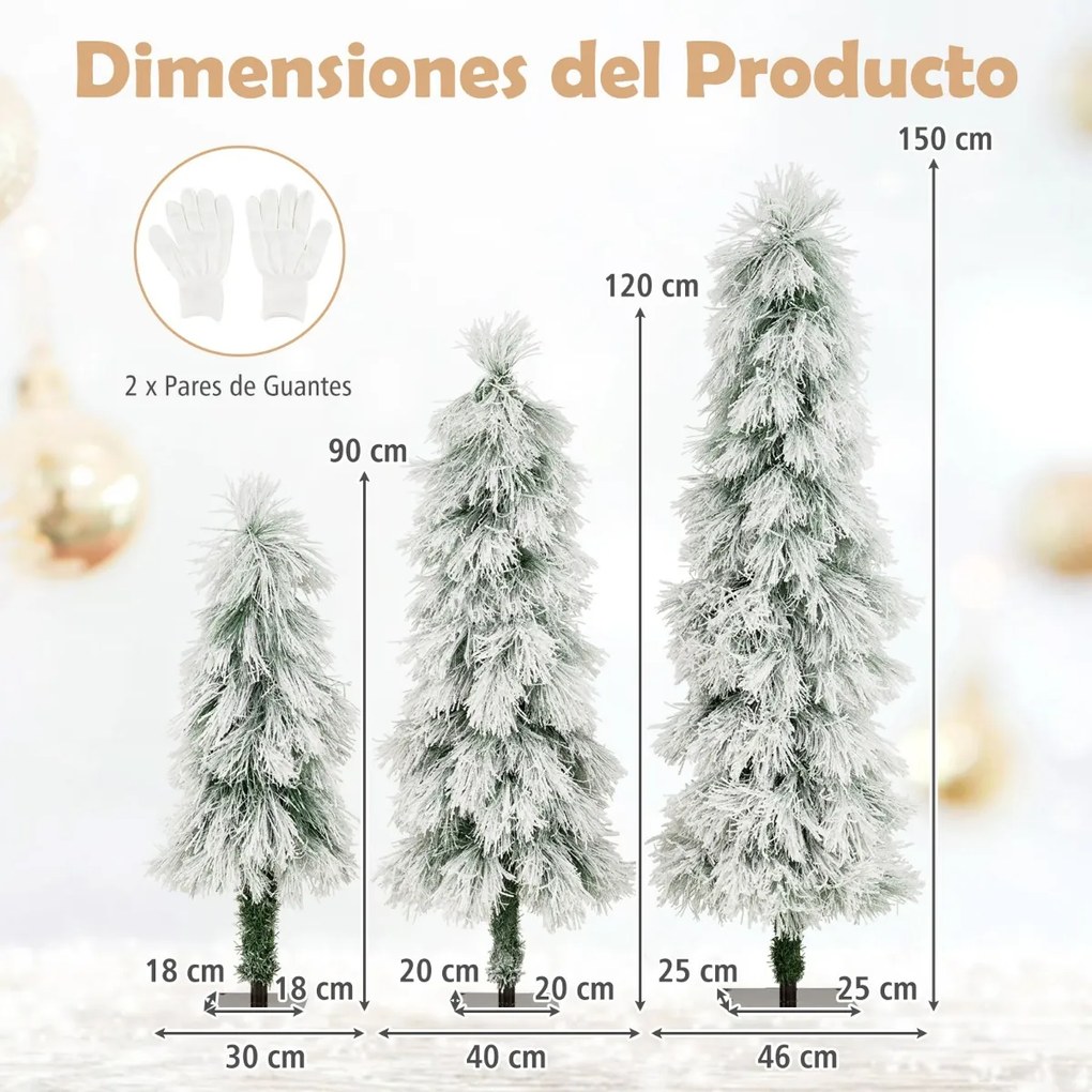 Conjunto de 3 árvores de Natal artificiais de 90 cm, 120 cm e 150 cm pré-iluminadas com pontas nevadas 30, 50 e 70 luzes verdes
