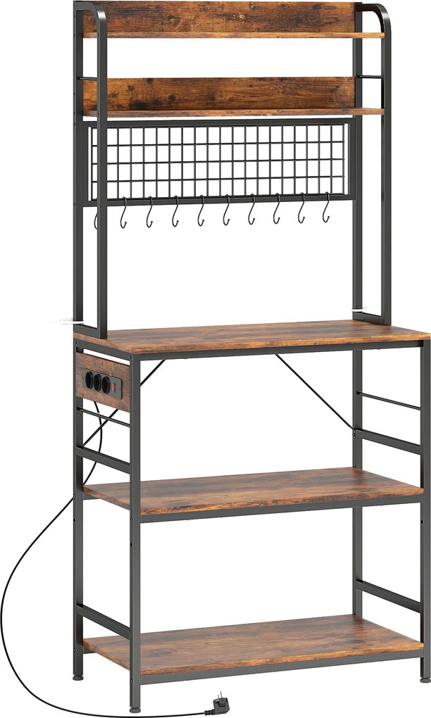 HOMCOM Estante de Cozinha com Estação de Carregamento, 5 Prateleiras e 10 Ganchos em S, em Madeira e Aço, 80x40x170 cm, Marrom | Aosom Portugal
