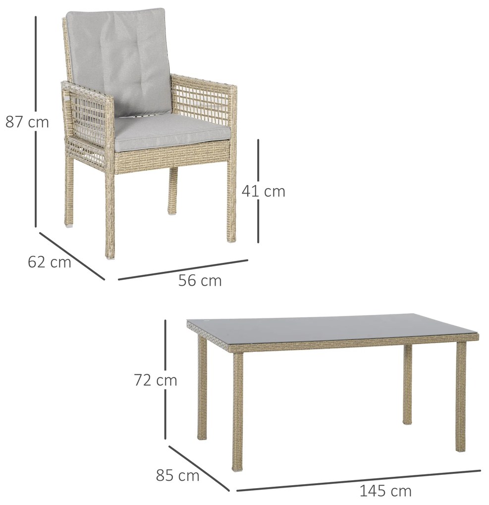 Conjunto de Móveis de Jantar para Jardim 7 Peças 1 Mesa de Vidro e 6 cadeiras de Vime com Encosto Respirável e Almofadas Acolchoadas para Terraço Exte