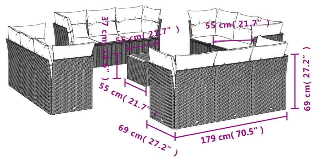 13 pcs conjunto sofás p/ jardim c/ almofadões vime PE cinzento