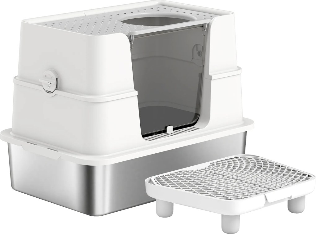 Caixa de areia XL em aço inoxidável para gatos de grande porte, tampa giratória a 100°, pá, 60,2 x 40,2 x 44,5 cm, cinzento claro