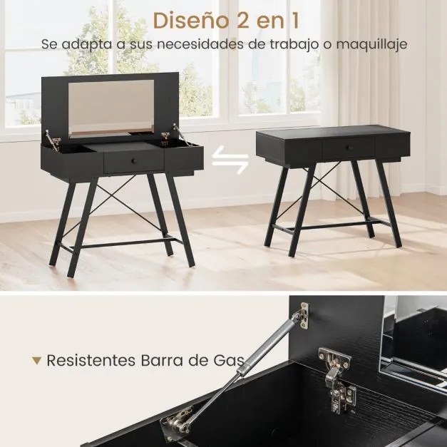 Toucador e secretaria 2 em 1 96,5 x 46,5 x 80,5 cm (BANCO NÃO INCLUIDO) com espelho rebatível, estação de carregamento e gaveta para quarto ou escritó