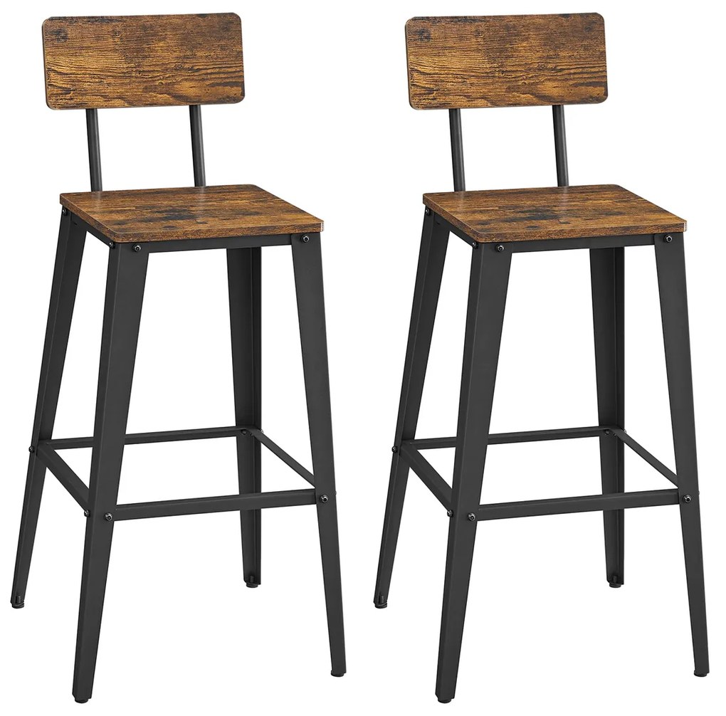 Conjunto de 2 bancos de bar VASAGLE LBC078B01, cadeiras de cozinha com encosto, estrutura de aço, fácil montagem, design industrial, marrom/preto vintage