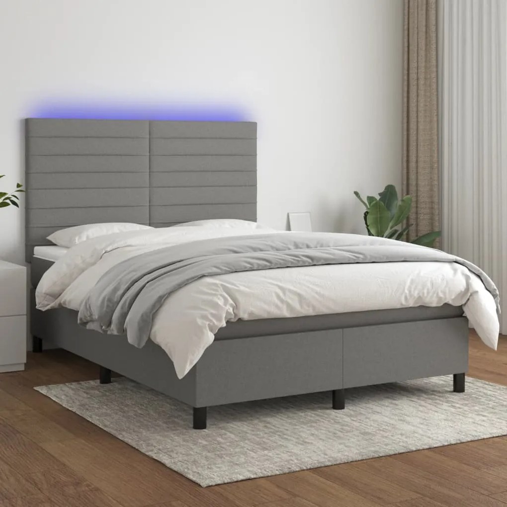 vidaXL Cama box spring c/ colchão e LED 140x200 cm tecido cinza-escuro