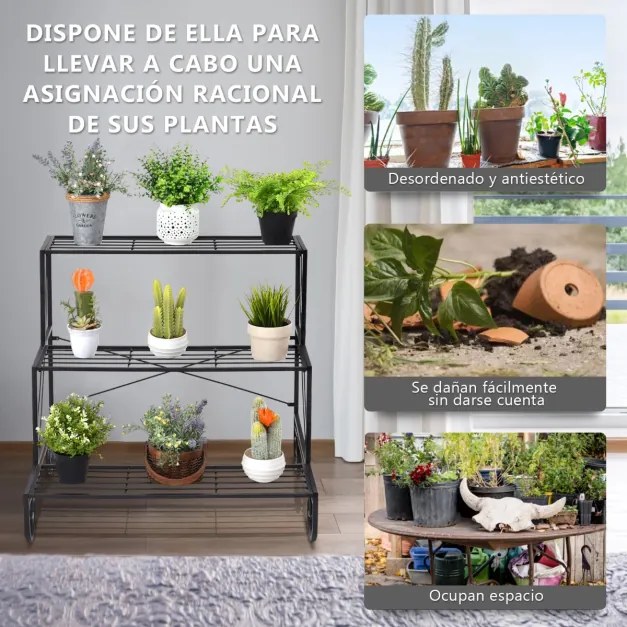 Prateleira de plantas de metal de 3 camadas para vasos, prateleira de escada para flores no pátio, jardim, varanda, 74 x 66 x 70 cm
