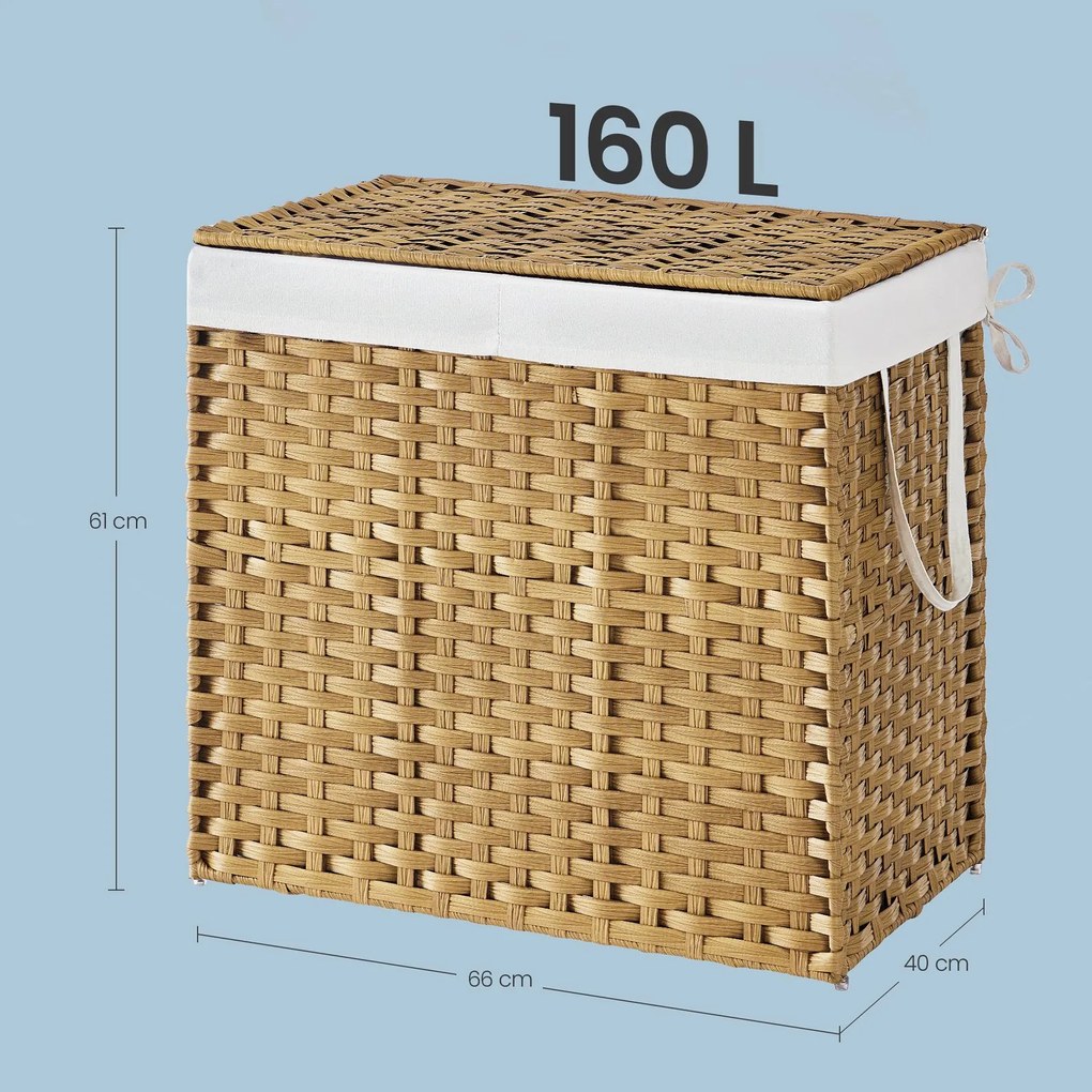 Cesto para roupa suja em rattan sintético 160L com 2 compartimentos 66 x 40 x 61 cm cor natural