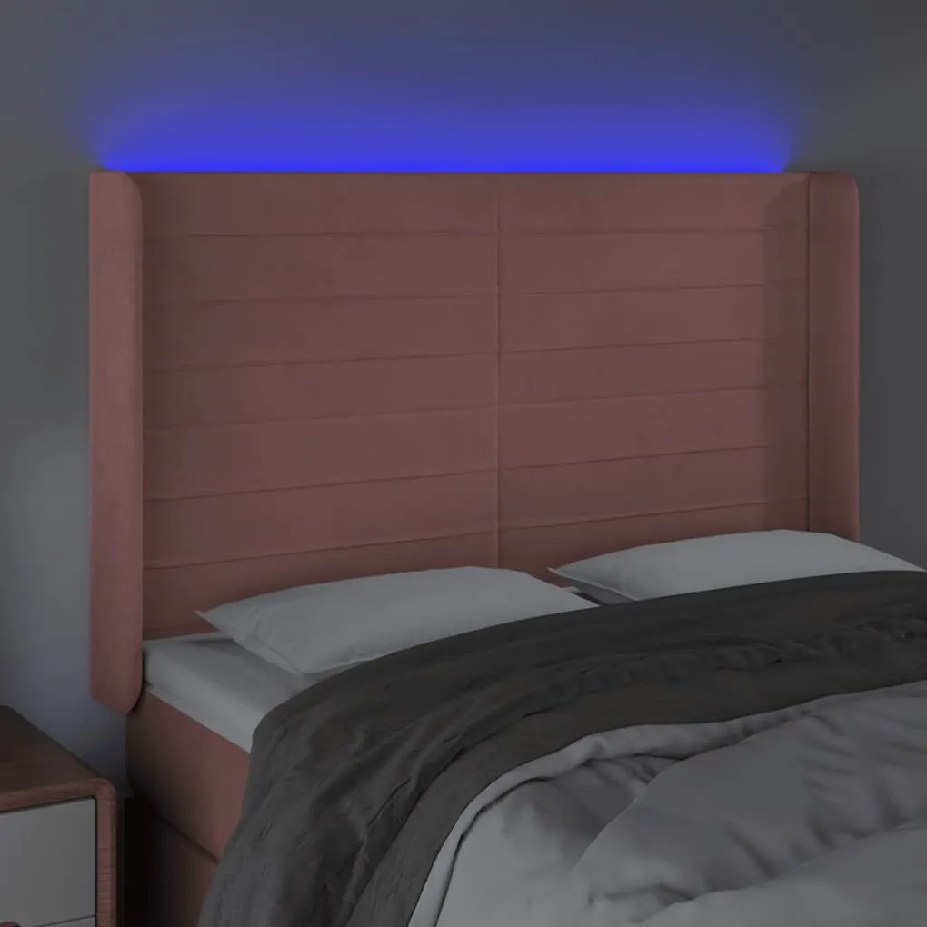 Cabeceira de cama c/ luzes LED veludo 147x16x118/128 cm rosa