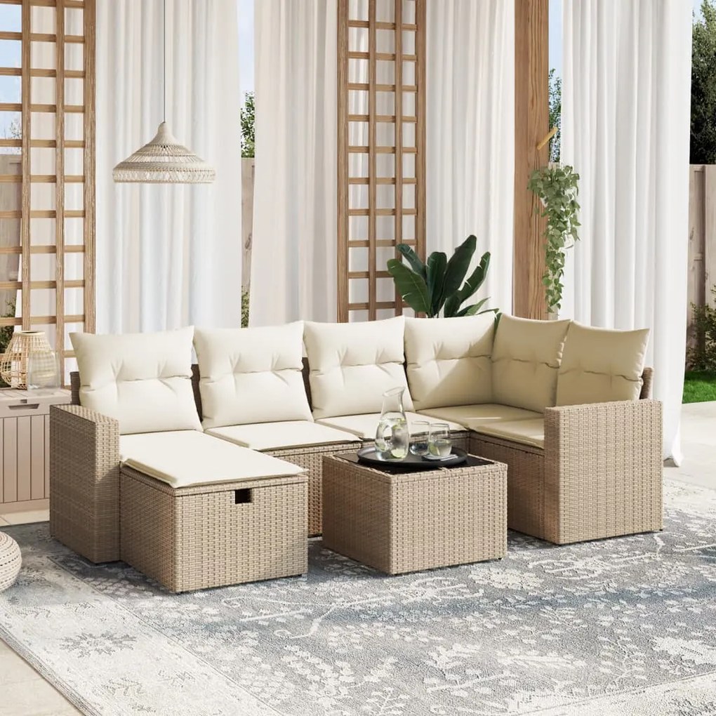 vidaXL 7 pcs conjunto de sofás p/ jardim com almofadões vime PE bege