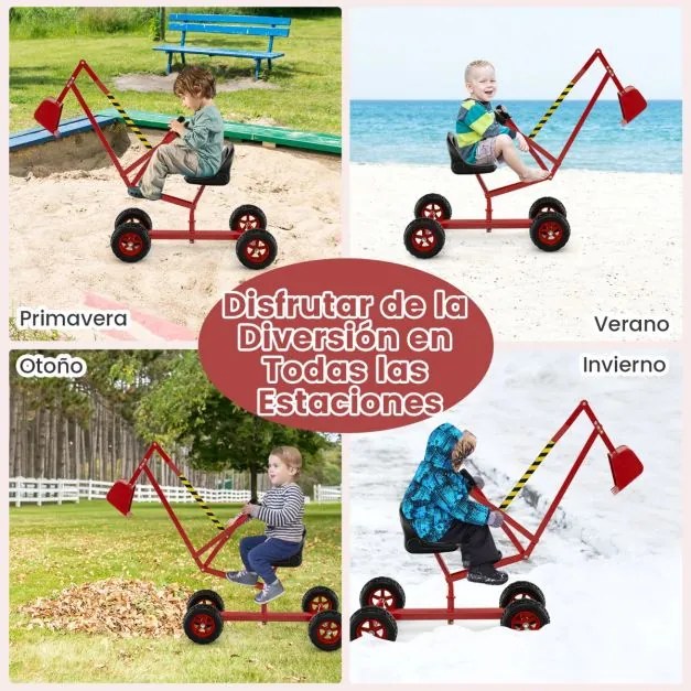 Conjunto de escavadora com assento giratório de 360 graus, 2 braços e 4 rodas antiderrapantes para crianças 122 x 40 x 66 cm, vermelho