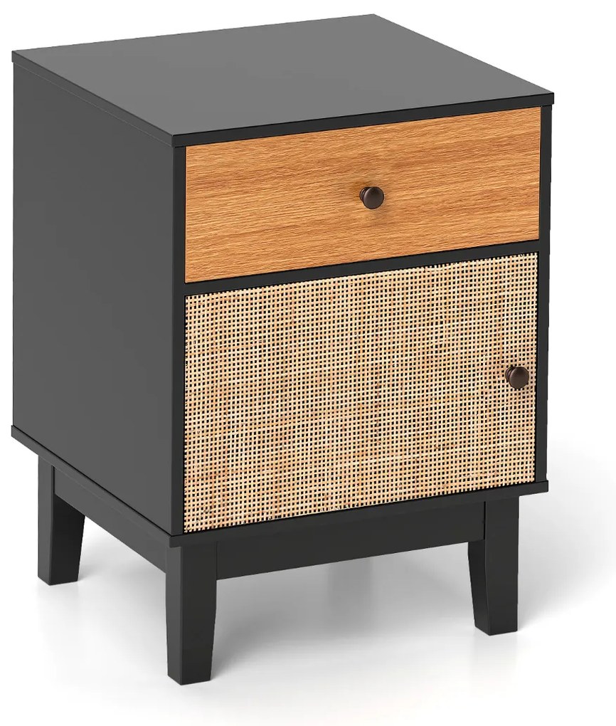 Mesa de cabeceira, Mesa de apoio de rattan moderna 40 x 39 x 55 cm com gaveta estilo Boho com pernas de madeira maciça Preto e Castanho