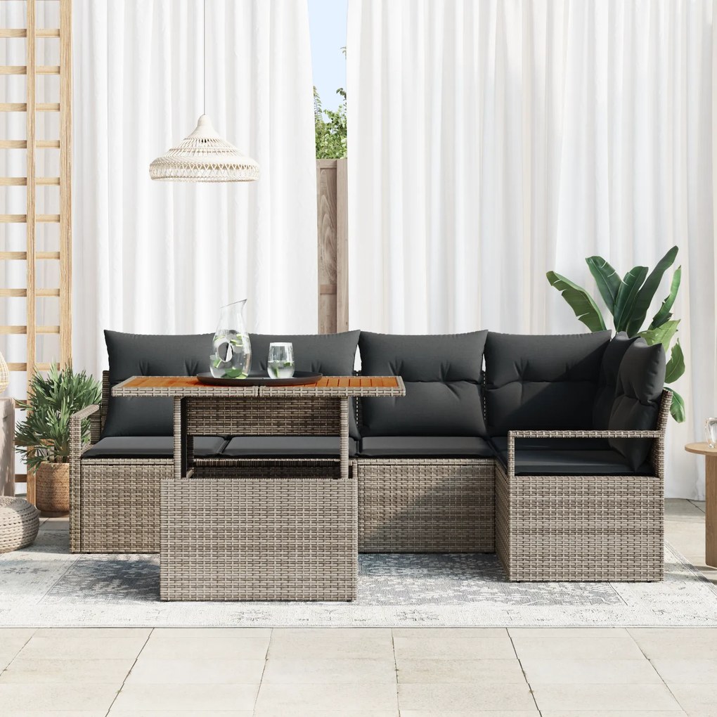 Conjunto de Sofá de Jardim de 6 Peças com Almofadas Cinza Rattan Polié