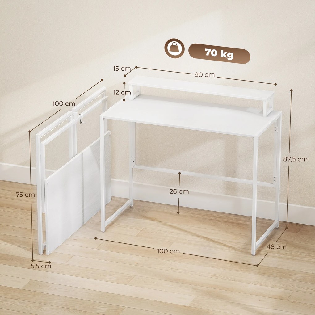 Secretária de Computador Dobrável, 100 x 48 x 87,5 cm, Suporte de Ecrã Amovível, Branca