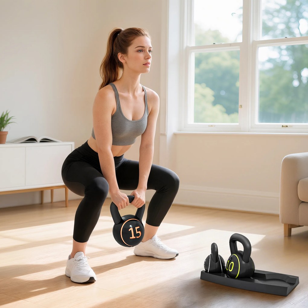 Conjunto de 3 pesos de 2,2, 4,5 e 6,8 kg com pega antiderrapante para treino desportivo e fitness, com suporte de arrumação preto