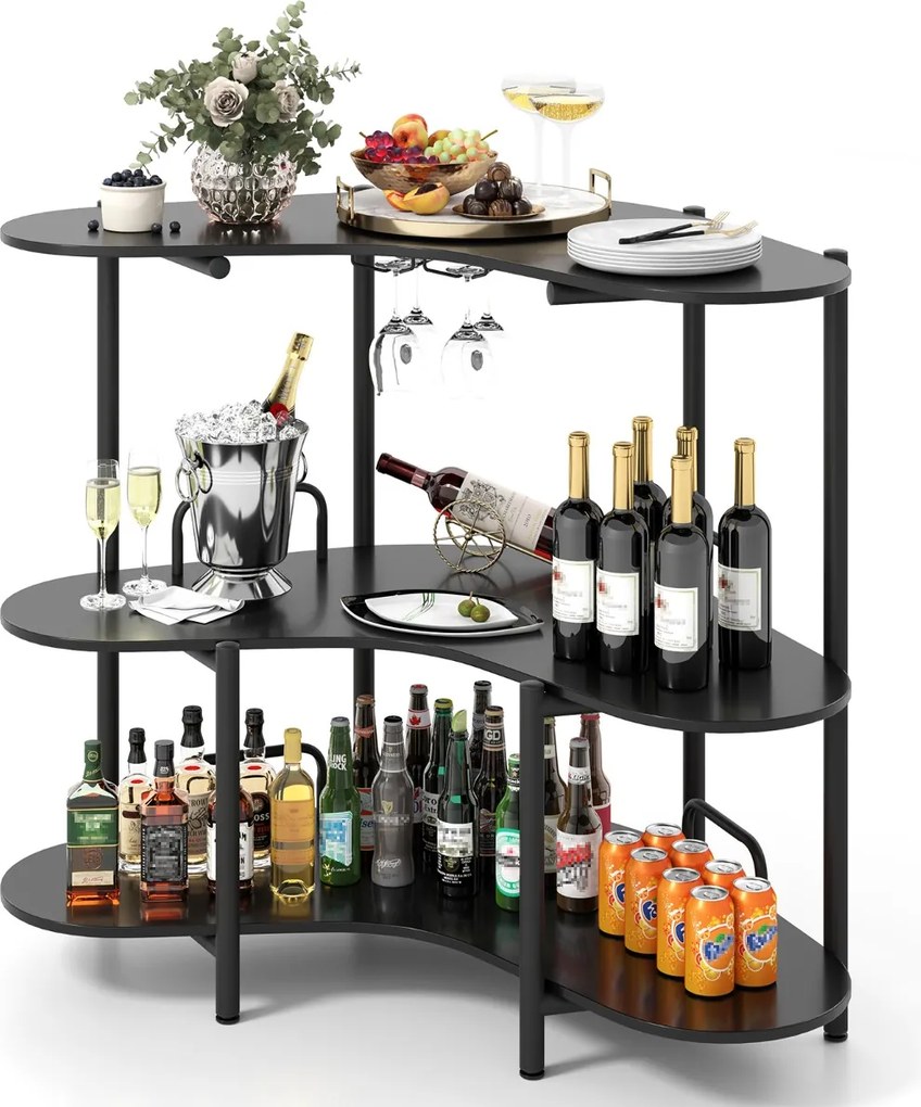Mesa de Bar com Suportes para Copos e Estantes Bar Industrial com Estrutura Metálica 120 x 66 x 102 cm Preta