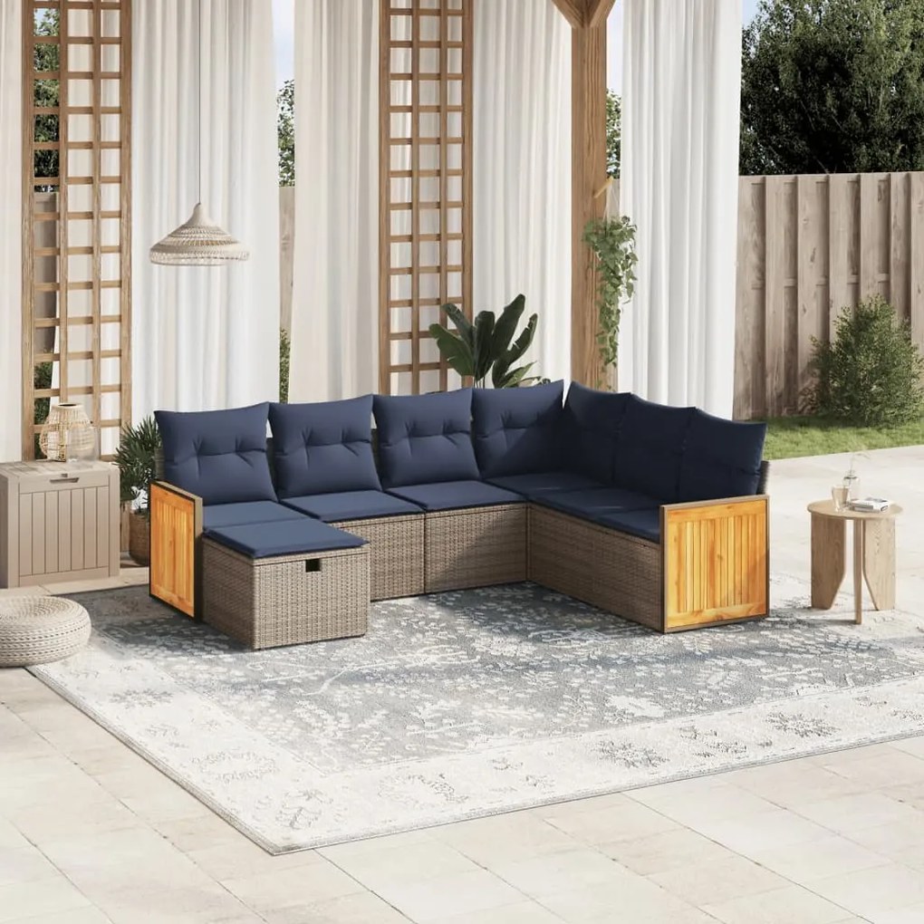 vidaXL 7 pcs conjunto sofás p/ jardim c/ almofadões vime PE cinzento