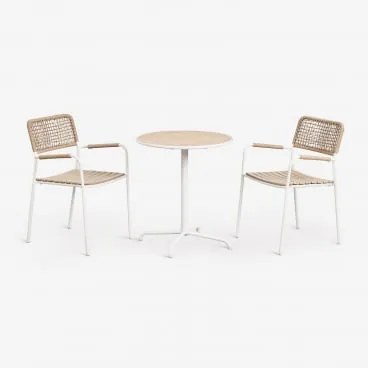 Conjunto De Mesa De Jardim Redonda Ø65 Cm E 2 Cadeiras De Jardim Empilháveis Em Aço E Madeira De Acácia Tilda Gardénia Branco - Sklum