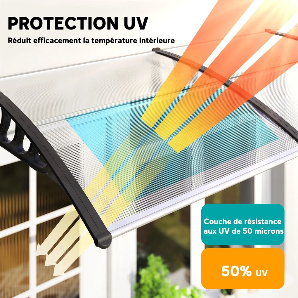 Toldo de porta, cobertura em policarbonato, toldo para porta de entrada com borda em alumínio, proteção contra a chuva e os raios UV Transparente