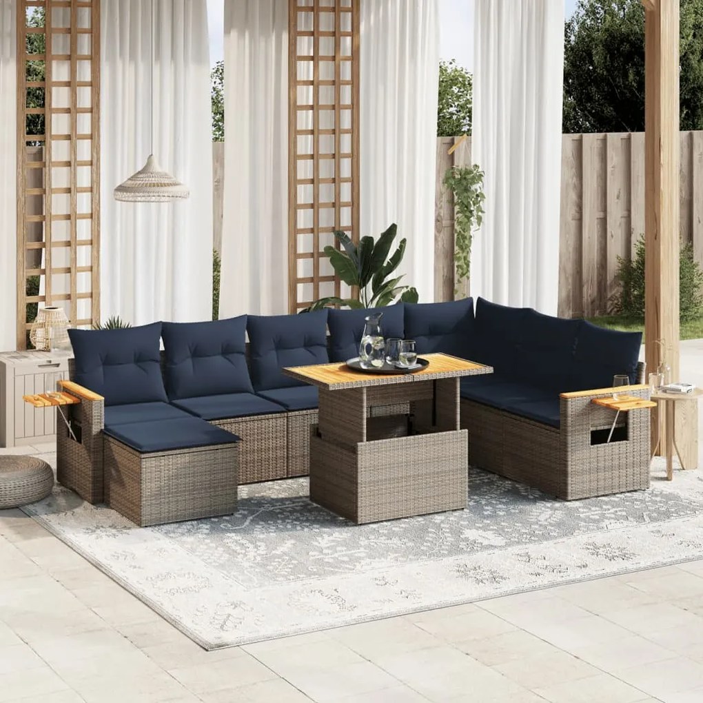 vidaXL 9 pcs conjunto sofás p/ jardim c/ almofadões vime PE cinzento