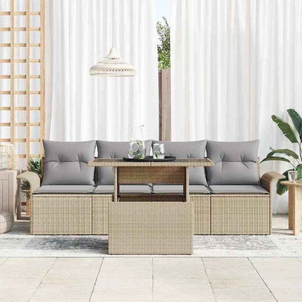 Conjunto de Sofá de Jardim de 5 Peças com Almofadas Bege de Rattan vid