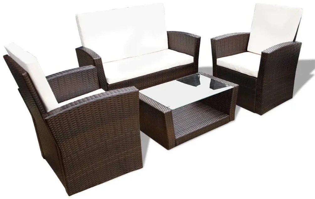 4 pcs conjunto lounge jardim c/ almofadões vime PE castanho