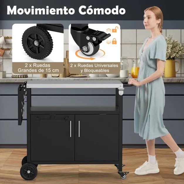 Carrinho cozinha de jardim para grelhados 127 x 50 x 84 cm com arrumação e tampo dobrável para churrasco em aço inoxidável Preto