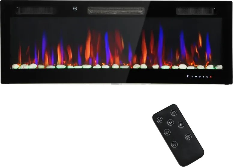 Lareira Elétrica Ultrafina de Parede e Embutir com Chama 3D Brilho/Velocidade Ajustável 12 Cores Pedras 900/1800W 127x9,4x47 cm Preto