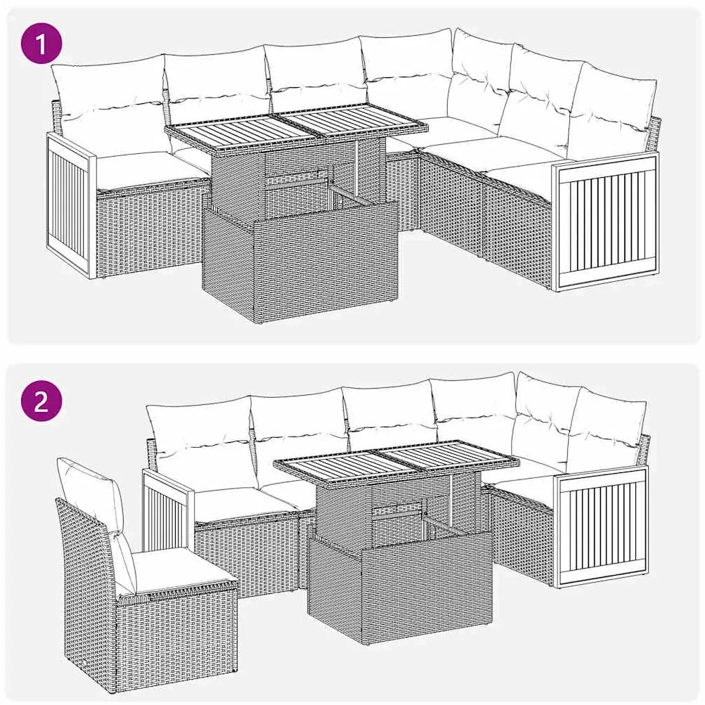 7 pcs conjunto sofás jardim c/ almofadões vime PE/acácia preto