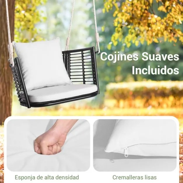 Baloiço jardim de metal para 1 pessoa com encosto em rattan tecido 2 cordas suspensas Almofadas de assento branco