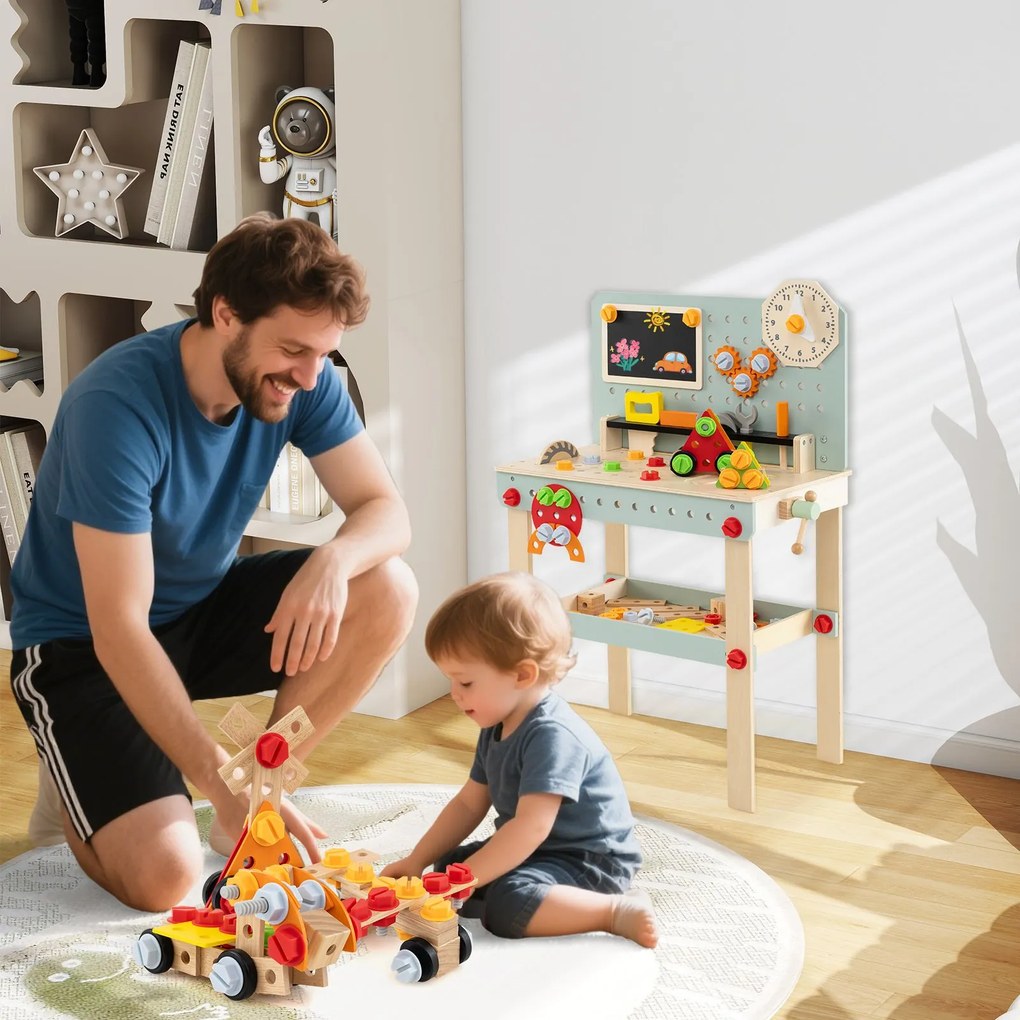 Bancada de trabalho infantil em madeira com quadro negro e conjunto de ferramentas, bancada de ferramentas para crianças com acessórios e prateleira M