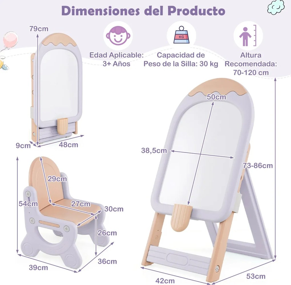 Cavalete de arte dobrável com altura ajustável, cadeira, marcadores e brinquedos magnéticos para crianças roxo