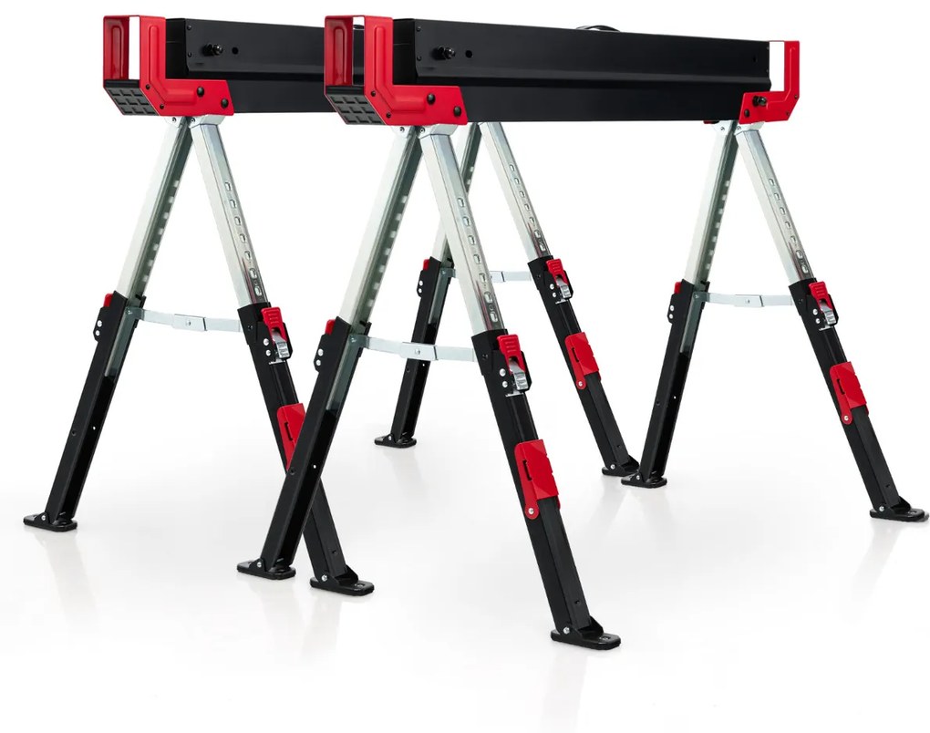 2 cavaletes dobráveis de aço com 2 x 4 braços de suporte Altura ajustável 61,5-82,7 cm Cavaletes portáteis para serras até 1180 kg Preto + vermelho
