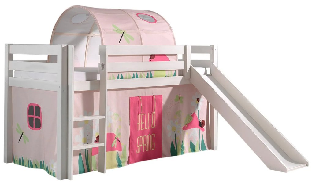 Conjunto Cama alta de Criança PINO 90 x 200 cm + estrado + escada + escorrega + cortina + túnel Primavera branca