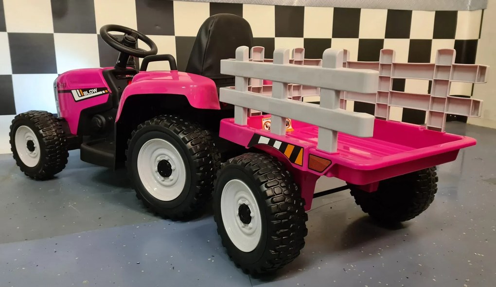 Tractor de bateria para crianças 12 volts, Pneus borracha, banco em pele, com reboque e Comando Rosa