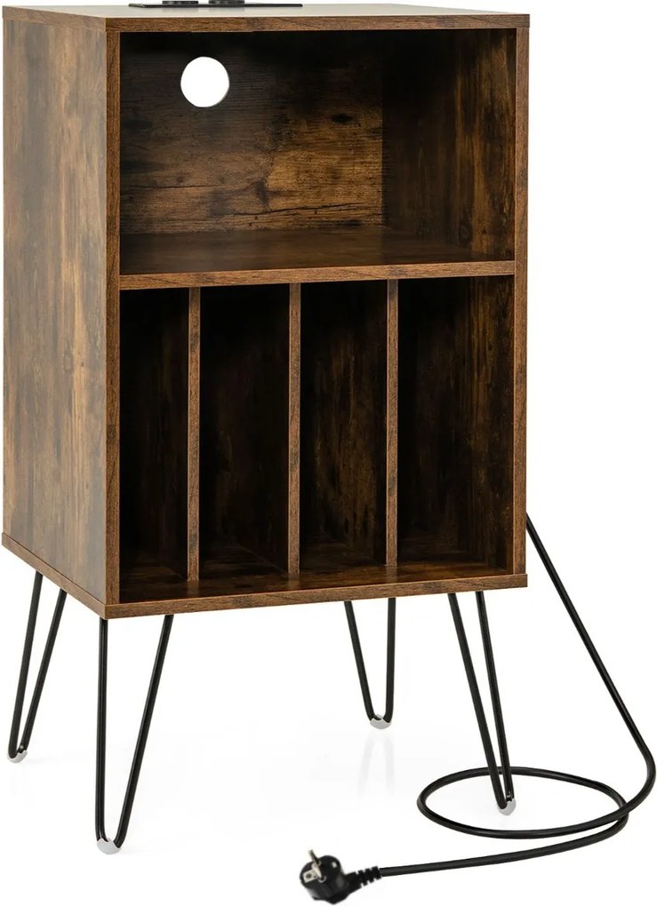 Suporte para discos de 3 níveis Mesa de armazenamento de discos com estação de carregamento Estante 4 divisórias 48 x 40 x 88 cm Castanho rústico