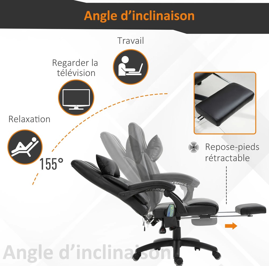 Cadeira de escritório executiva com função de massagem, apoio para os pés e apoio para a nuca integrados, encosto reclinável e altura ajustável, 68 x