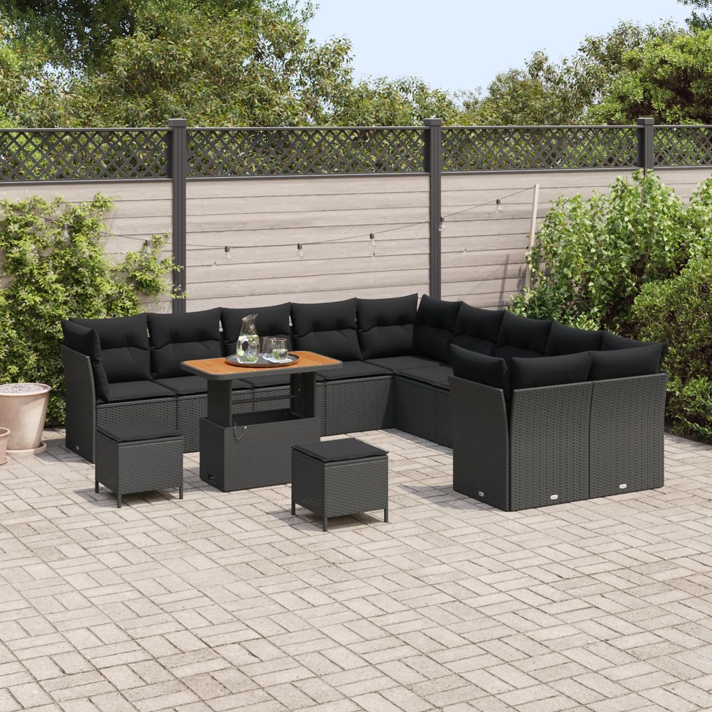 Conjunto de Sofá de Jardim vidaXL 13 Peças com Almofadas Preto Rattan