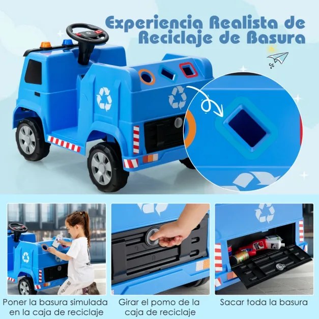 Carrinho de reciclagem de lixo elétrico 12V para crianças de 3 a 8 anos com luzes musicais com controle remoto 85 x 51 x 58 cm Azul