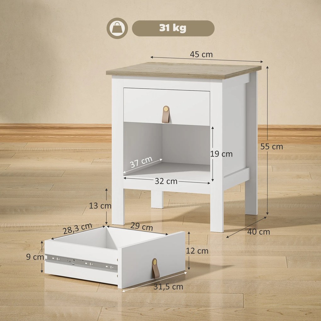 Mesa de Cabeceira Moderna Mesa de Cabeceira com 1 Gaveta Compartimento Aberto Puxador de PU  45x40x55 cm Branco