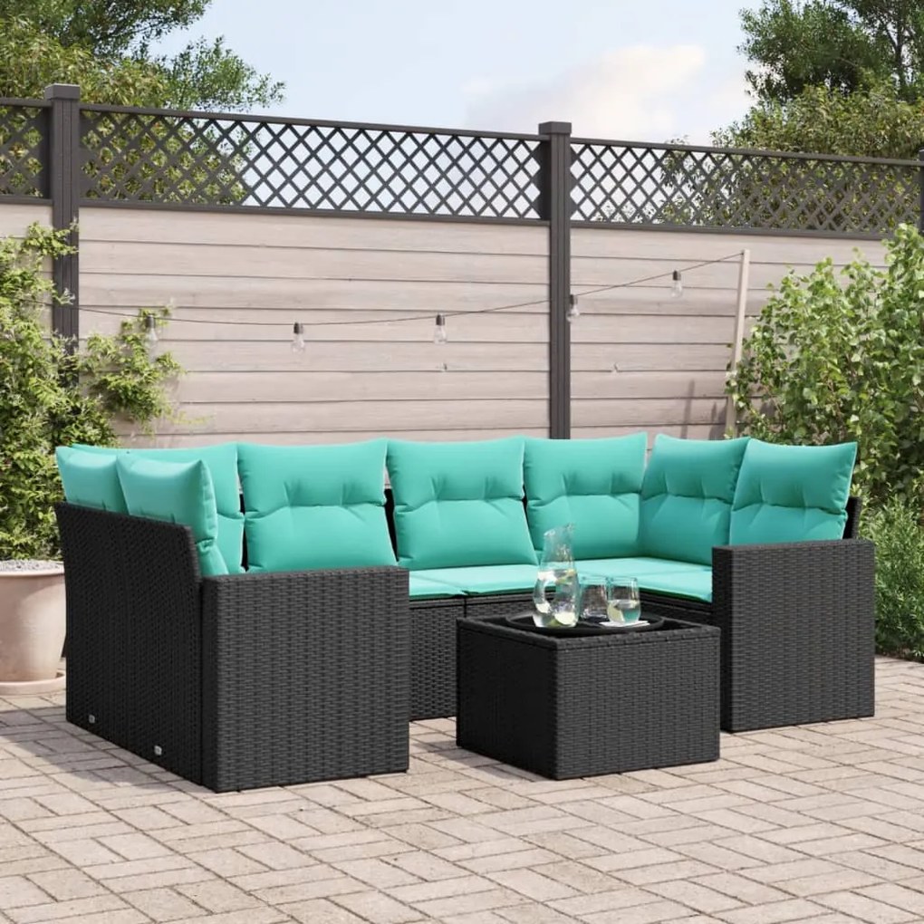 vidaXL 7 pcs conjunto de sofás p/ jardim c/ almofadões vime PE preto