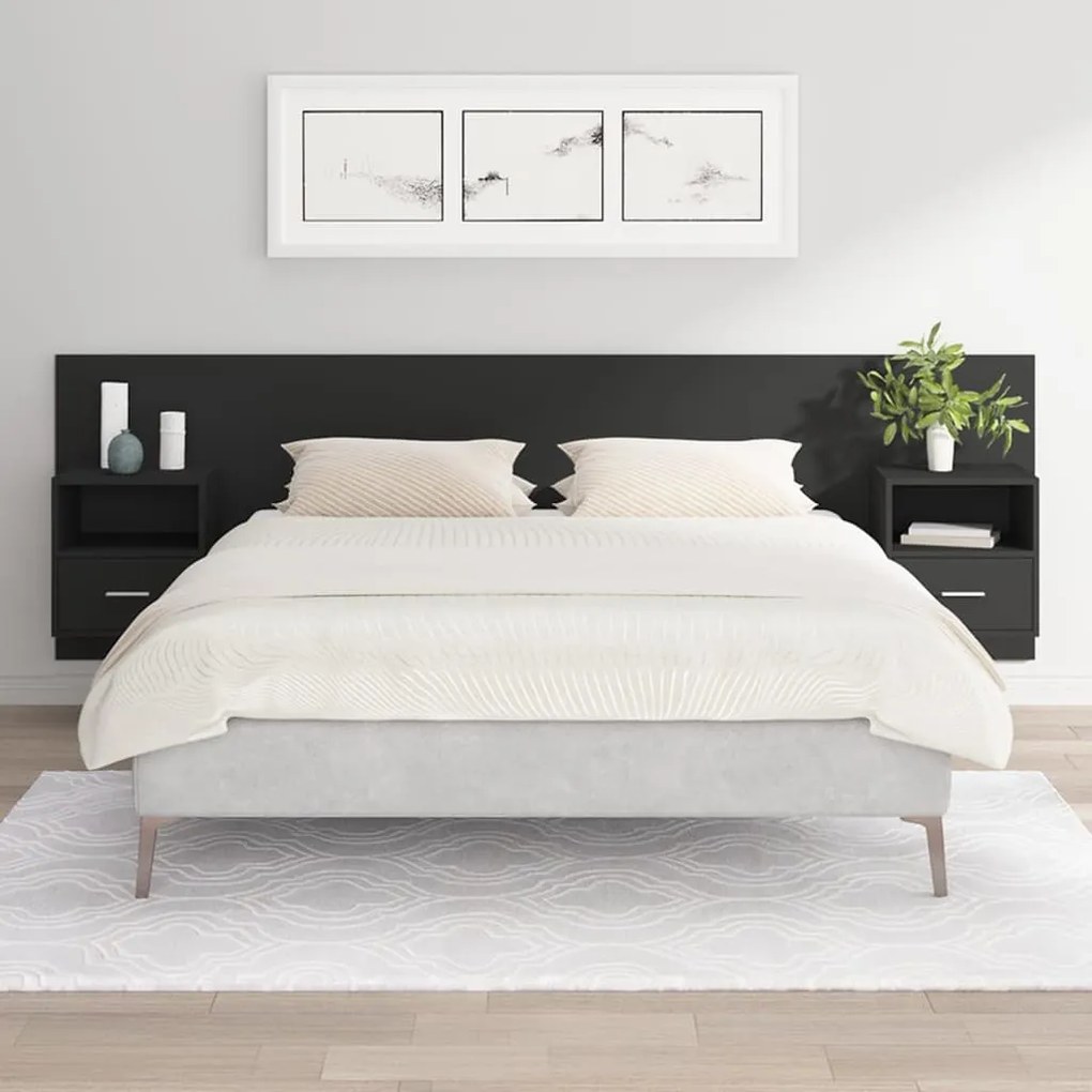 vidaXL Cabeceira cama + armários madeira processada preto