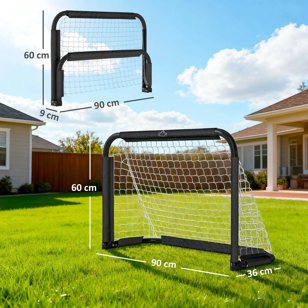 Conjunto de 2 Balizas de Futebol Dobráveis Portáteis com Suporte de Metal e Rede para Treino de Futebol 90x36x60 cm Preto