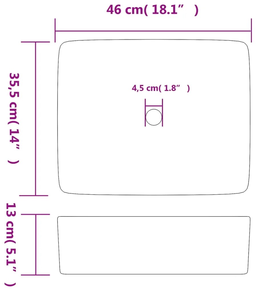 Lavatório de bancada retangular 46x35,5x13 cm cerâmica multicor