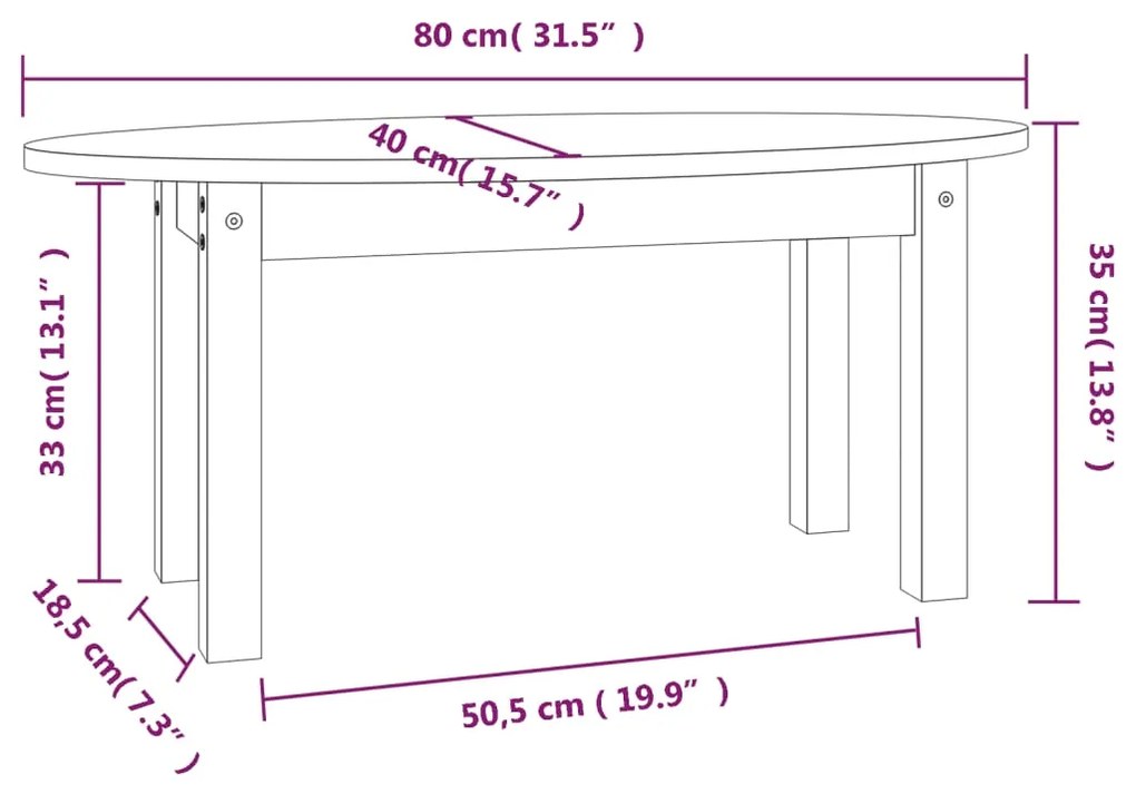 Mesa de centro 80x40x35 cm madeira de pinho maciça