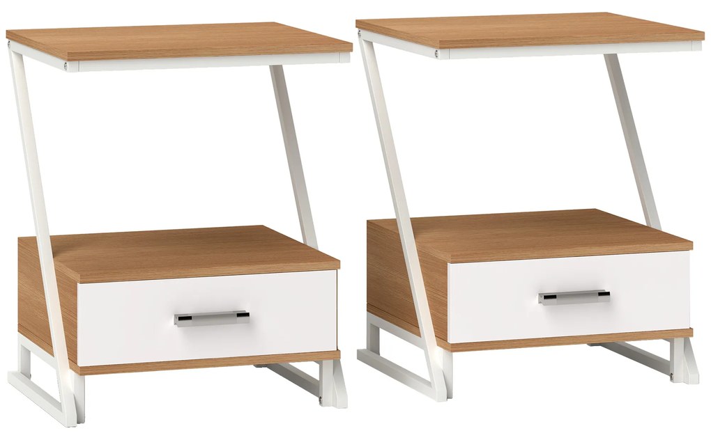 HOMCOM Conjunto de 2 Mesas Cabeceira Mesas Auxiliares em Forma de Z com Gaveta e Compartimento 40x35x50 cm Madeira e Branco | Aosom Portugal