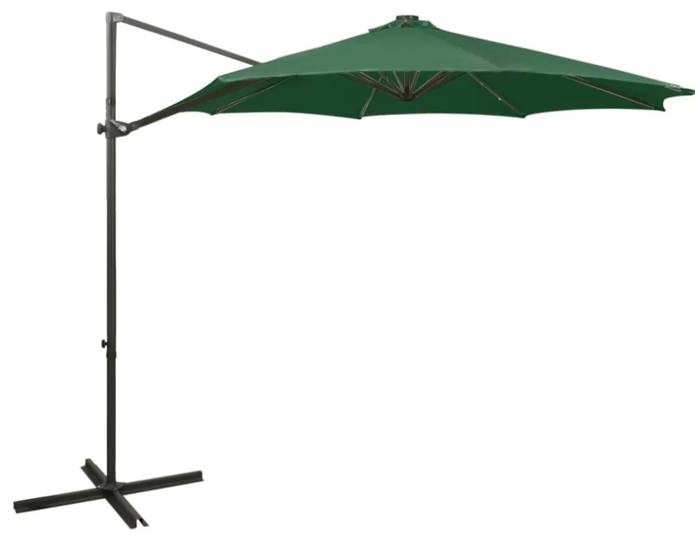 Guarda-sol jardim cantilever c/ poste e luzes LED 300 cm verde